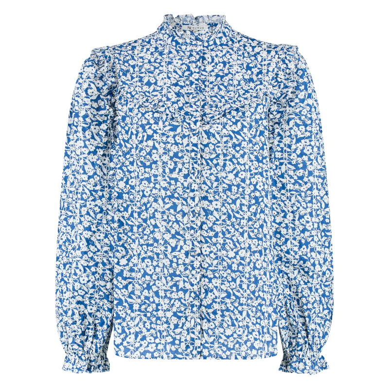 NUKUS Blouse Malagai Embroidery Ruffle Neck Royal Blue Off White