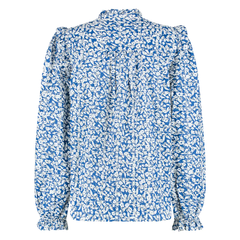 NUKUS Blouse Malagai Embroidery Ruffle Neck Royal Blue Off White