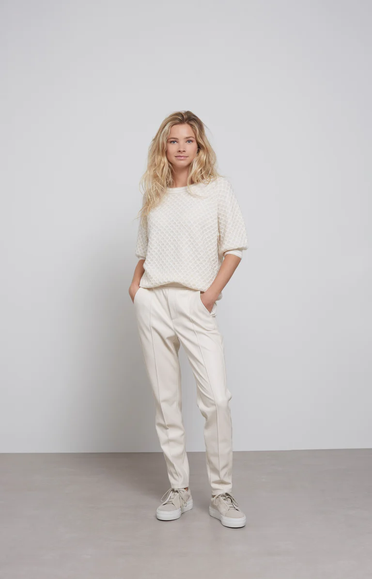 YAYA Broek Faux Leather Steekzakken en Elastische taille Egret Off White