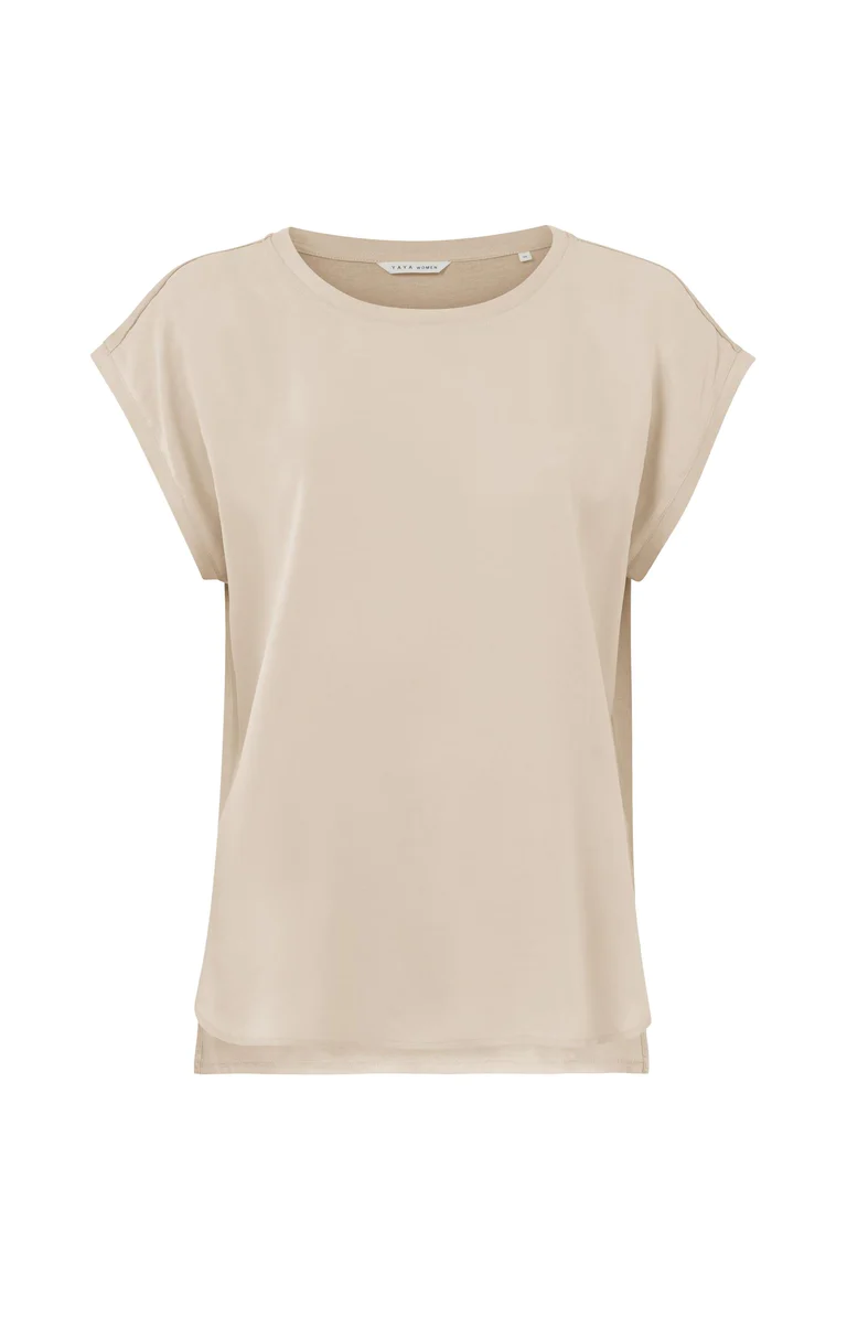 YAYA Top Ronde Hals Oxford Tan Sand