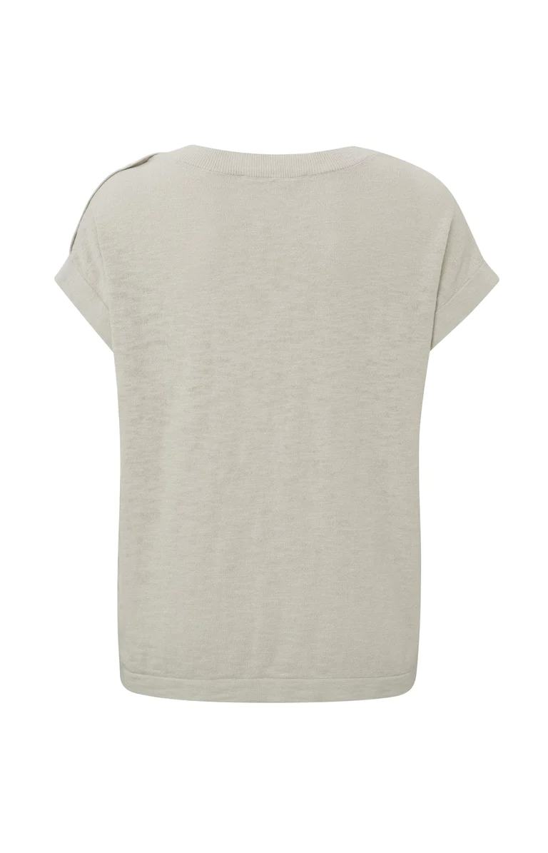 YAYA Top Trui Korte Mouwen V-hals Knoop Detail Schouder Pumice Stone Sand