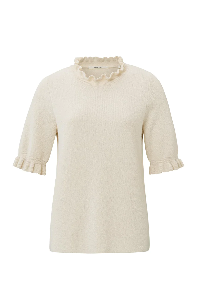 YAYA Trui met ronde hals met ruches en korte mouwen met ruches Birch Sand