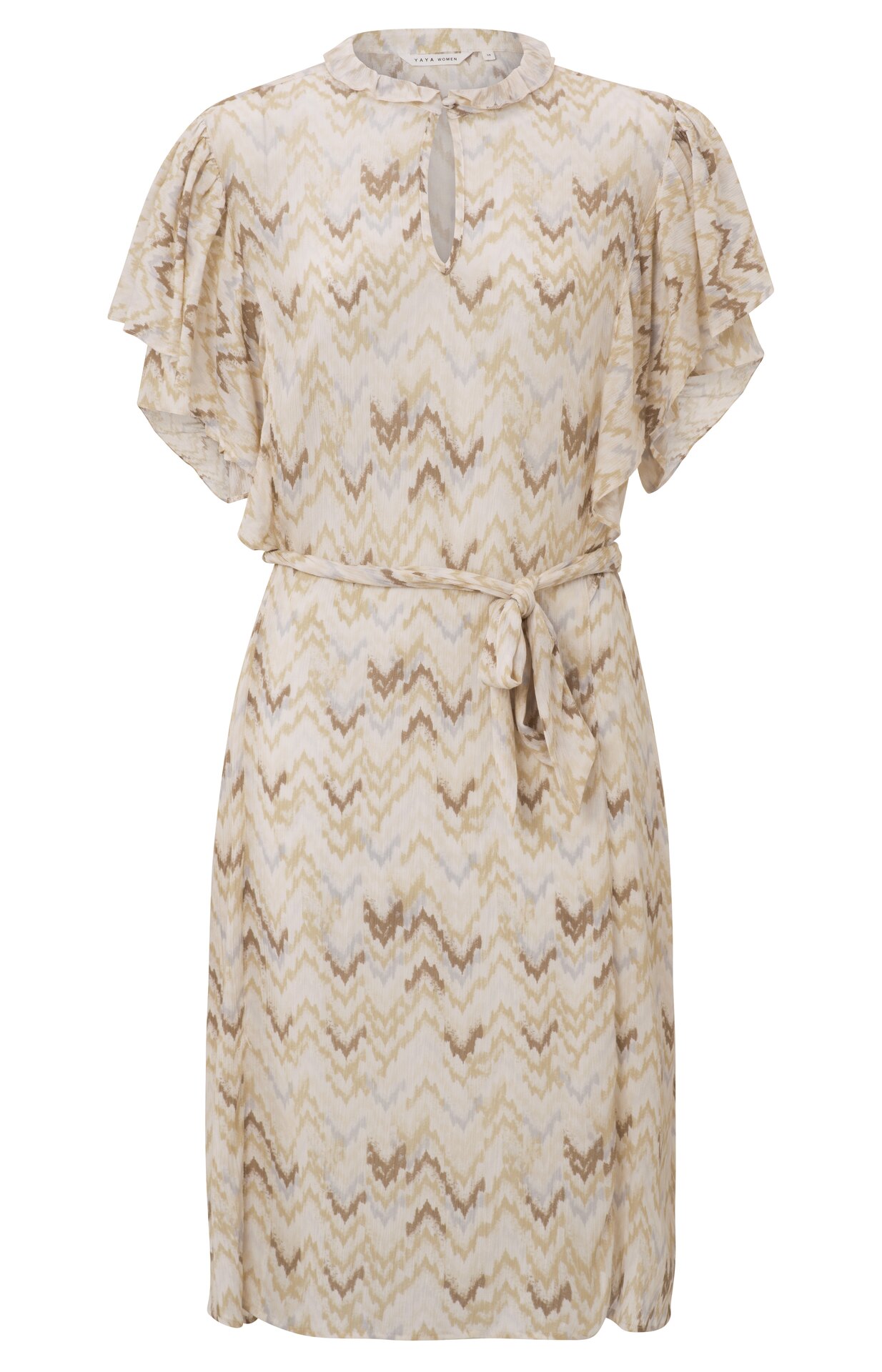 YAYA Women Jurk met Ronde Hals, Korte Vlindermouwen en Zigzag Print Moonbeam Sand Dessin