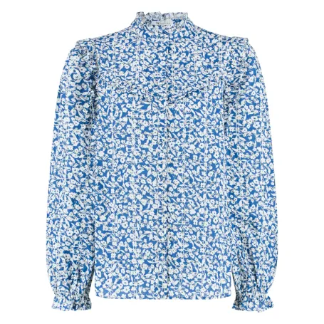 NUKUS Blouse Malagai Embroidery Ruffle Neck Royal Blue Off White
