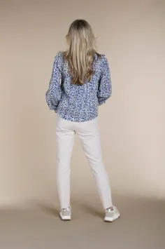NUKUS Blouse Malagai Embroidery Ruffle Neck Royal Blue Off White