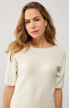 YAYA Trui met boothals, korte pofmouwen en knoopdetails op de rug Wool White