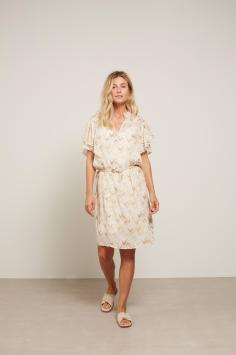 YAYA Women Jurk met Ronde Hals, Korte Vlindermouwen en Zigzag Print Moonbeam Sand Dessin