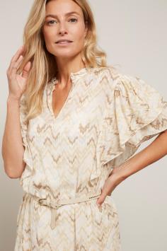 YAYA Women Jurk met Ronde Hals, Korte Vlindermouwen en Zigzag Print Moonbeam Sand Dessin