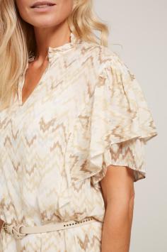 YAYA Women Jurk met Ronde Hals, Korte Vlindermouwen en Zigzag Print Moonbeam Sand Dessin